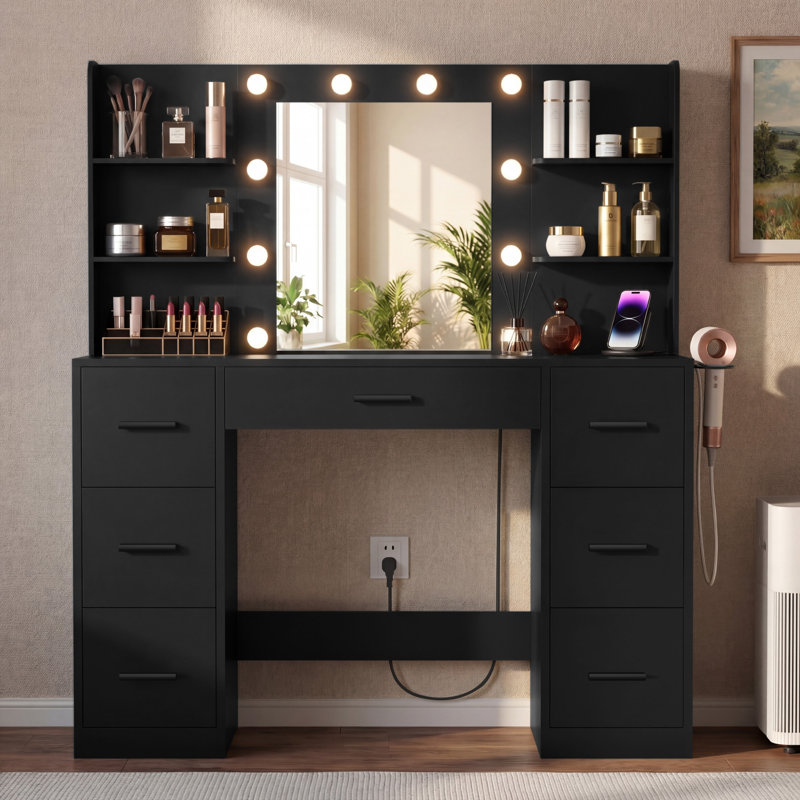 Makeup Vanity With Led Lighted Mirror And Built-In Power Supply, Black