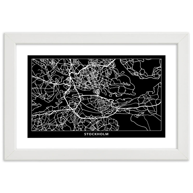 Stockholm City Map - Single Picture Frame Print, 70cm H x 100cm W, White