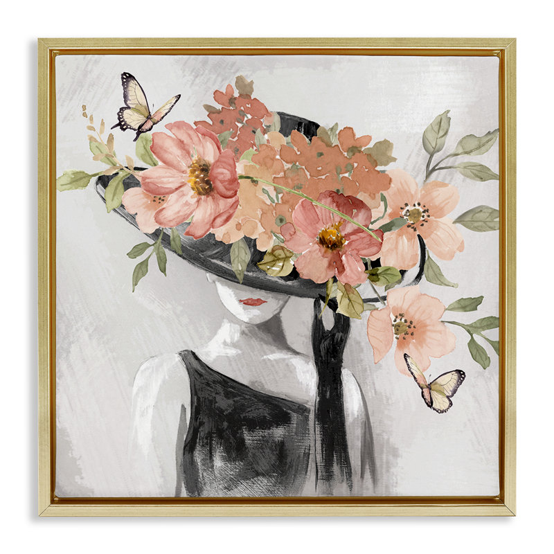 «Pink Floral Hat», encadrée par Nan, H 25 po x l 25 po, Cadre flottant métallique doré