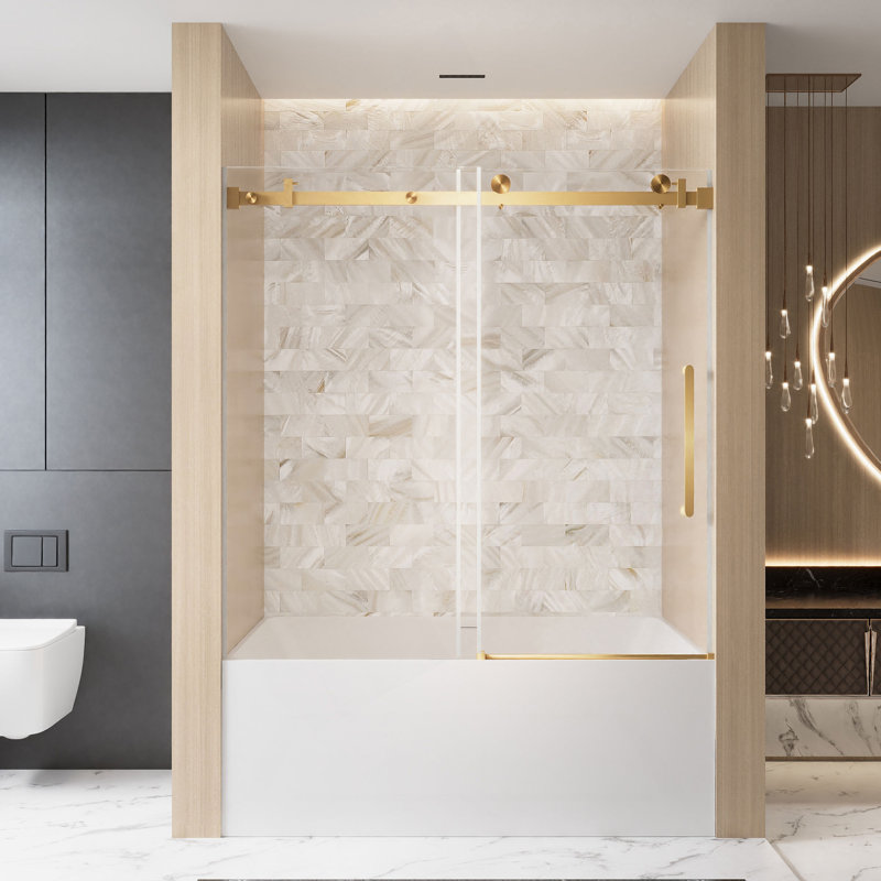 Frameless Single Sliding Shower Door  56-60 "W X 60" H, 1/4 "(6 Mm) Clear Tempered Glass, Explosion Proof Film, Stainless Steel Handle Square Tube Track