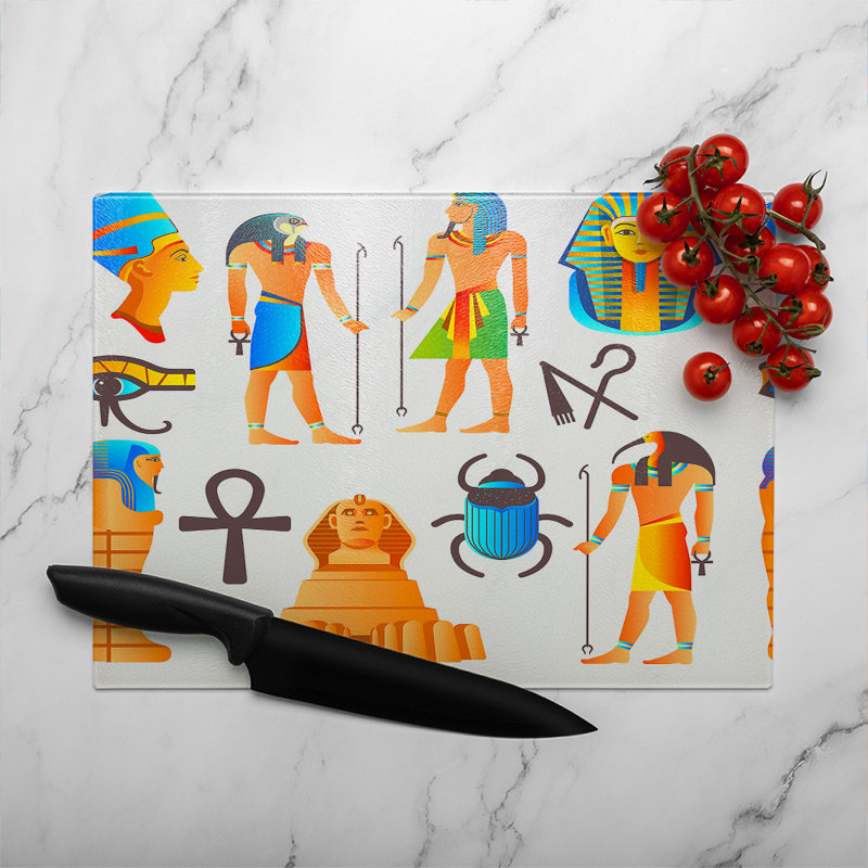 Egyptian Mythological Signs Glass Chopping Board, 40cm L x 28cm W