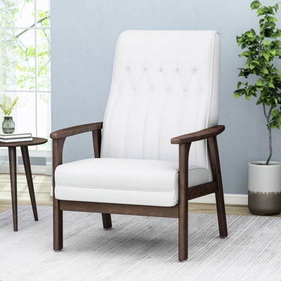Chaise en similicuir blanc neige de style Mid-Century, soutenue par du bois d'hévéa pour le salon