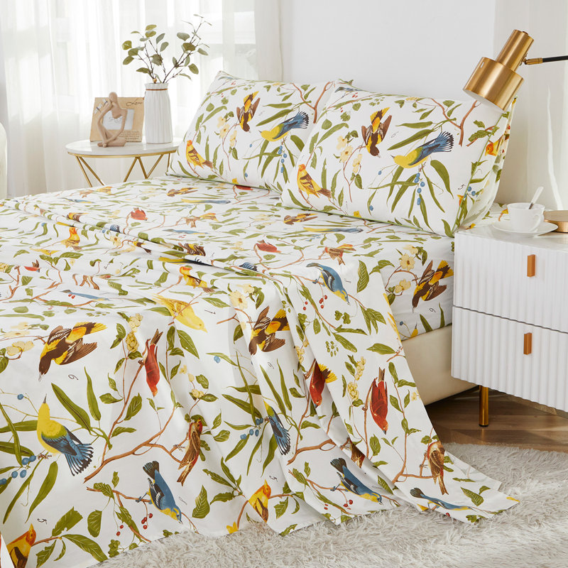 100% Egyptian Cotton Fitted Sheet Set, 4pcs 800 Thread Count Luxury Bird And Colourful Floral Bedding Set, For Bedroom Guest Room Student Dorm All Seasons