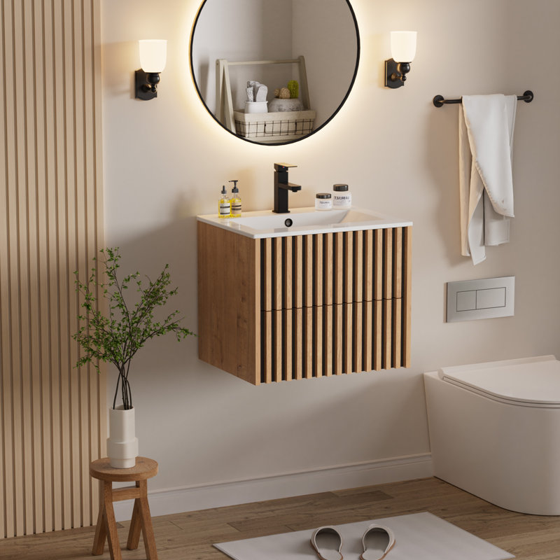 Ensemble de meuble-lavabo mural 24 po avec comptoir d'évier, robinet et bonde, armoire flottante, Beige