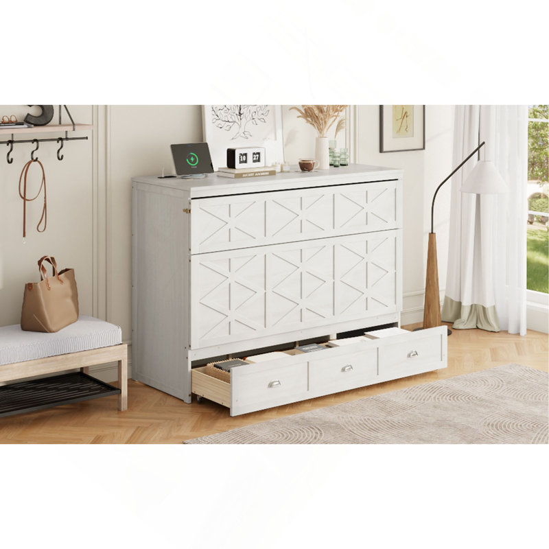 Murphy Bed With Large Drawers And USB, White