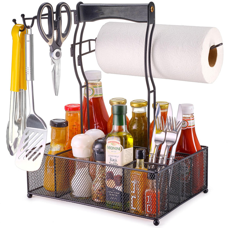 Condiment, Utensil Grill Caddy With Paper Towel Holder With Bonus Grill Mat; Multi-Compartment For Spices, Sauce, Plates, Flatware; Picnic, RV & BBQ Caddy; Grilling, Camping And Tailgate Essential