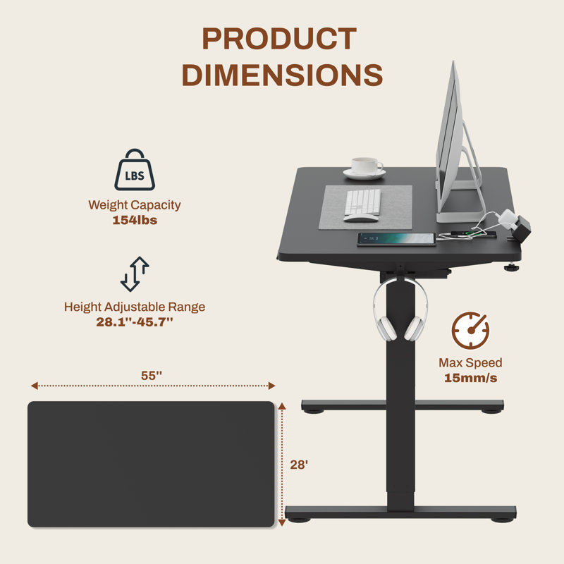 Bureau debout ajustable, bureau entier, Noir / Noir, L 55 po x P 28 po