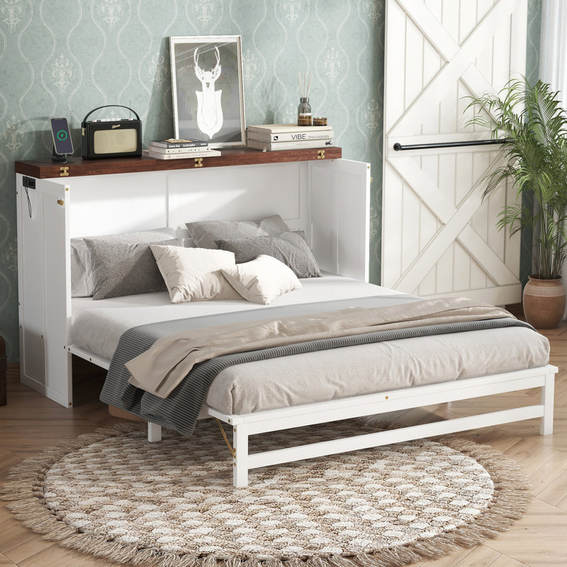 Grand lit escamotable avec tiroir de rangement et station de charge Murphy, port USB, cadre de lit escamotable en pin massif pour bureau personnel, studio ou chambre d'amis, noyer blanc