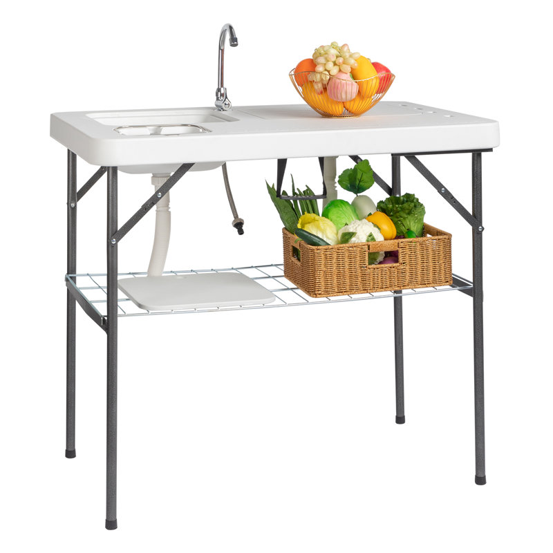 White and Black Folding Outdoor Fish Cleaning Table with Sink