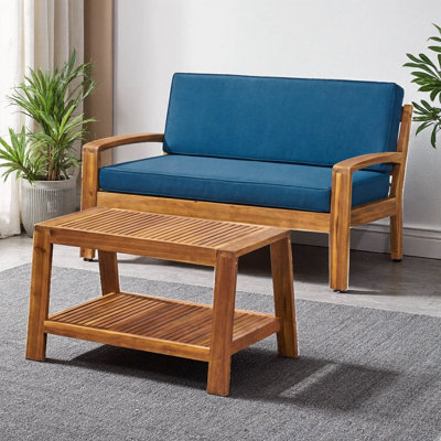 Ensemble de conversation d'extérieur 2 pièces en bois d'acacia et teck | Causeuse et table basse avec coussins gris résistants à l'eau | Mobilier de patio d'une capacité de 350 lb pour terrasse, jardin et jardin