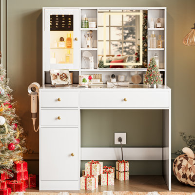 38.3"W Makeup Vanity with Lighted Mirror, 3 Drawers, Charging Station & 3 Light Modes for Bedroom