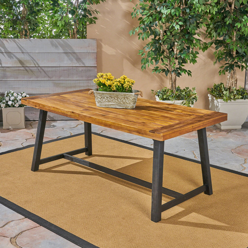 Table de salle à manger d'extérieur en bois d'acacia, finition teck sablé et noir