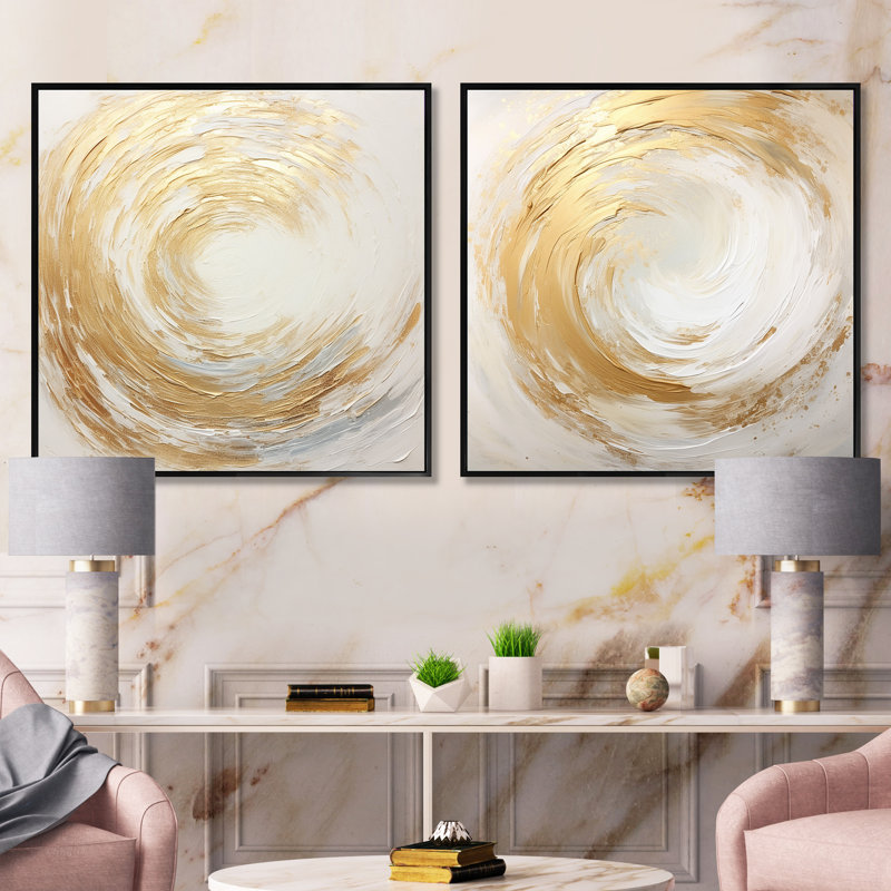Gold And White Soft Wave Vortex - Abstract Spirals Square Collage Set Of 2, 16" H x 33" W, Black Floater Framed