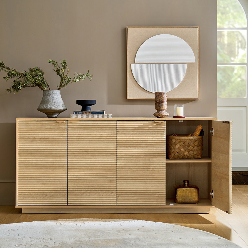 Clare Modern 63"W Slatted Door Sideboard with Horizontal Fluted and Adjustable Shelves, Oak