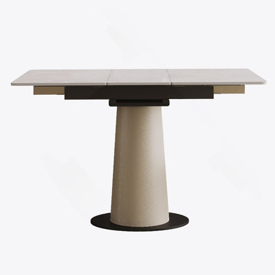 Retractable Rock Slab Folding Dining Table, Modern Square Expandable Table With Leather-Wrapped Stainless Steel Base, Dual-Purpose Space Saving Kitchen Table For Small Apartments