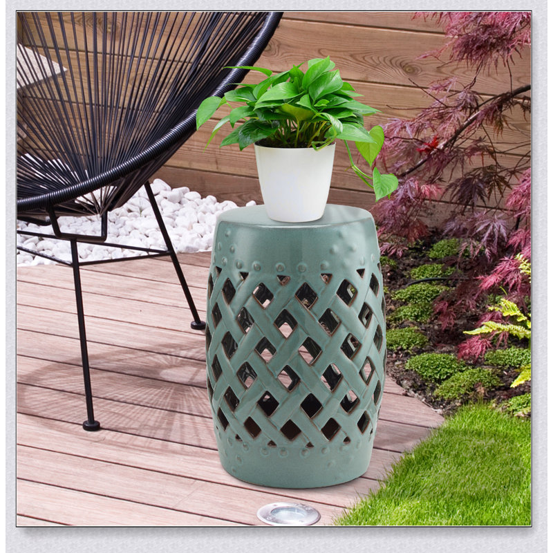 Tabouret de jardin en céramique durable avec motif en treillis tissé, finition émaillée pour une utilisation intérieure et extérieure, table de bout décorative solide et élégante