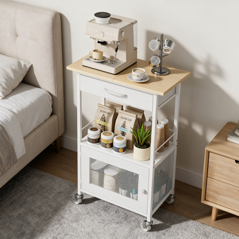 Buffet de bar avec tiroir de rangement et armoire de porte, support de cuisine à roulettes pour support à micro-ondes, petite station de café pour l'entrée du salon