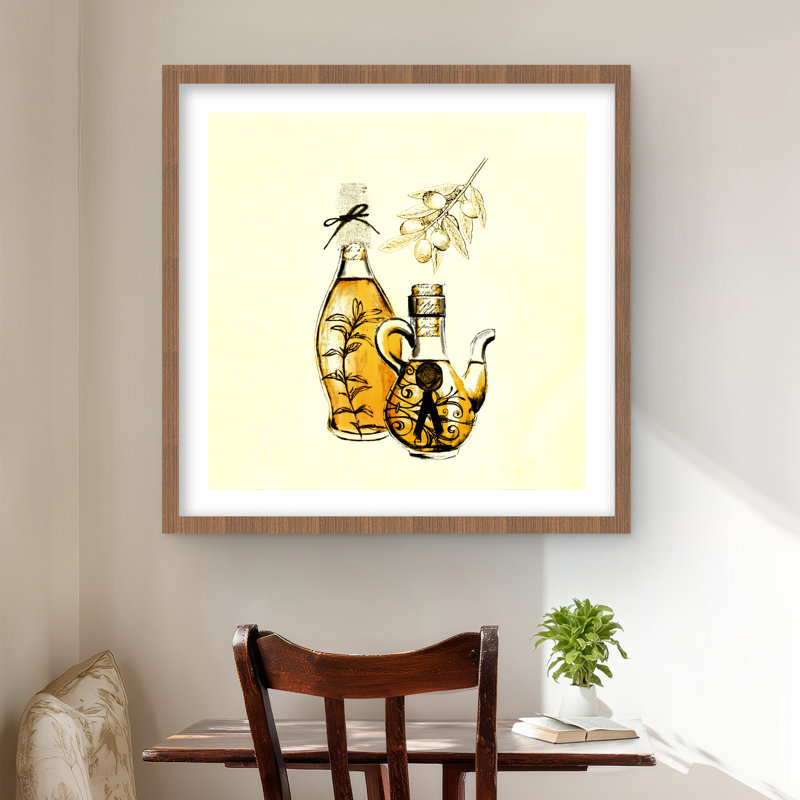 Deux bouteilles d'huile d'olive - «gastronomie», reproduction d'art encadrée