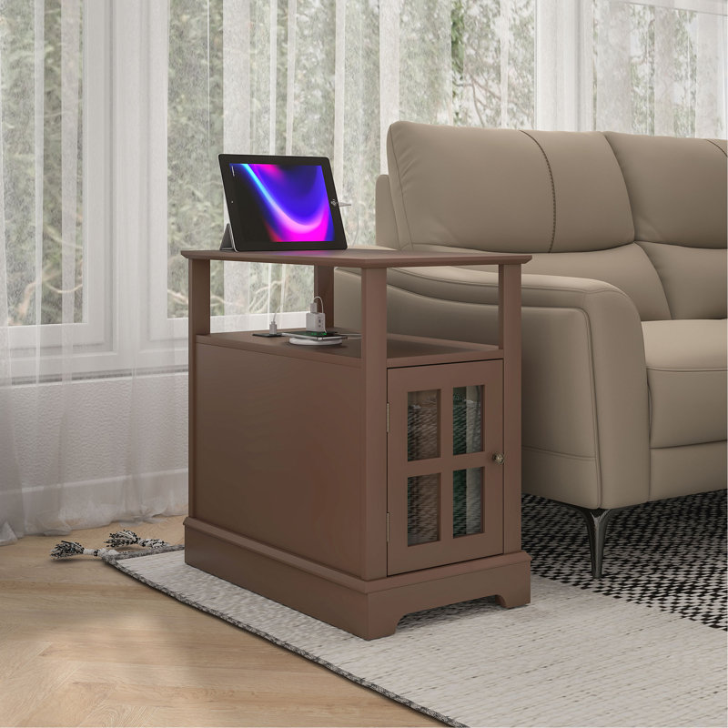 End Table With Charging Station, Narrow Side Table With USB Ports And Outlets, Small Table With Hidden Storage And Open Shelf For Living Room