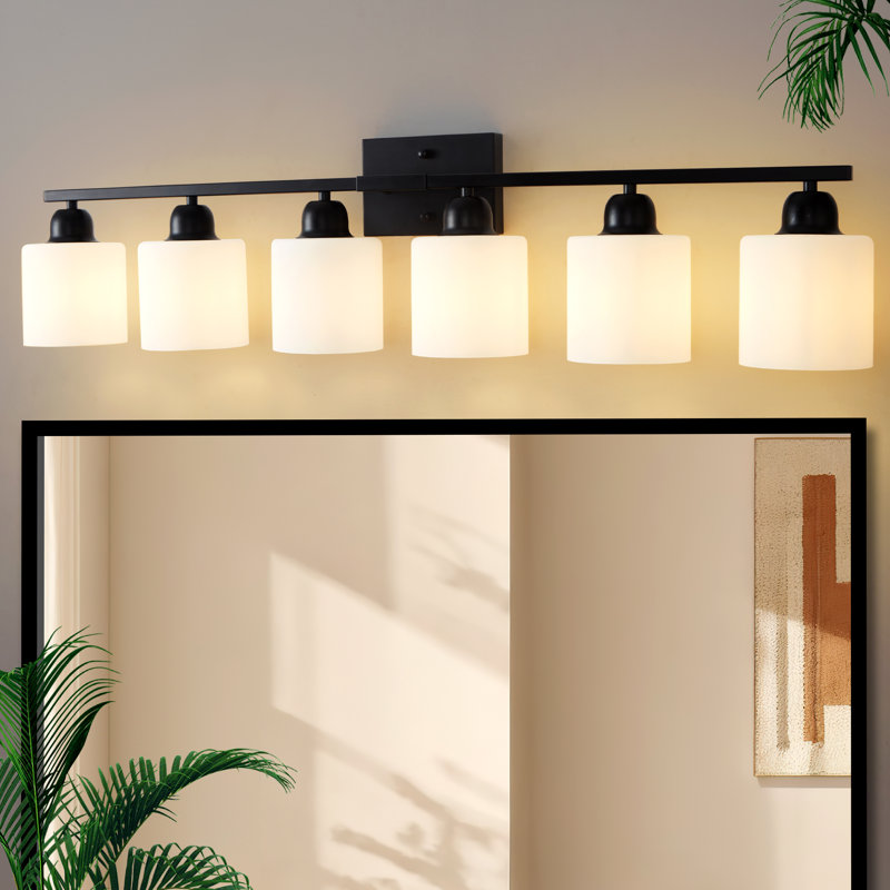  Éclairage de salle de bain à intensité variable 6 lumières avec abat-jour en verre de lait givré, Noir mat, Six lumières