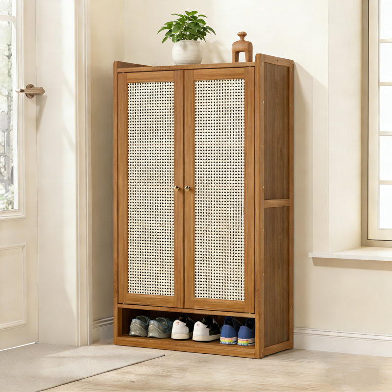 Freestanding Shoe Storage Cabinet, 18-Pair Bamboo Shoe Rack with Woven-Look Doors, Boho Entryway Organizer