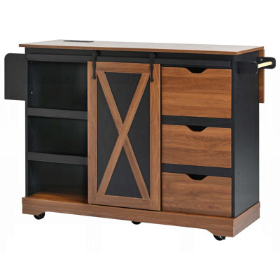 55.5-Inch Farmhouse Kitchen Island with Drop Leaf, Barn Door, and Charging Station, Ideal for Modern and Rustic Kitchens by CARPET DESIGN UNLIMITED 2015 LLC