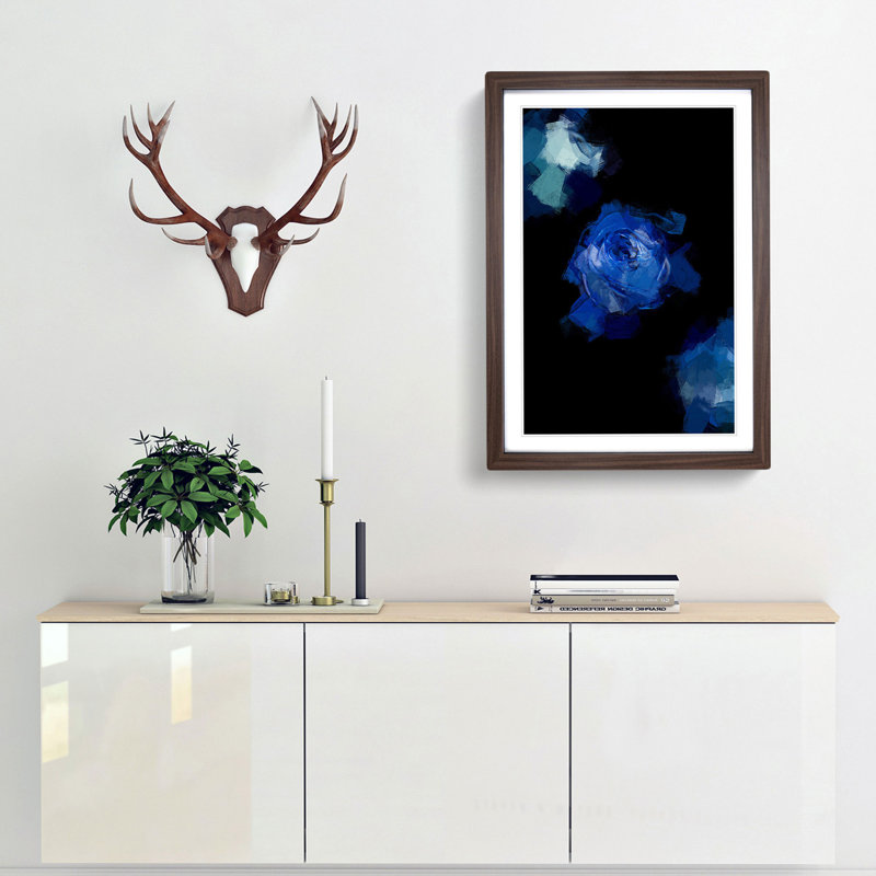 Trio of Blue Roses in Abstract - Framed Print, 76cm H x 50cm W x 2cm D, Walnut
