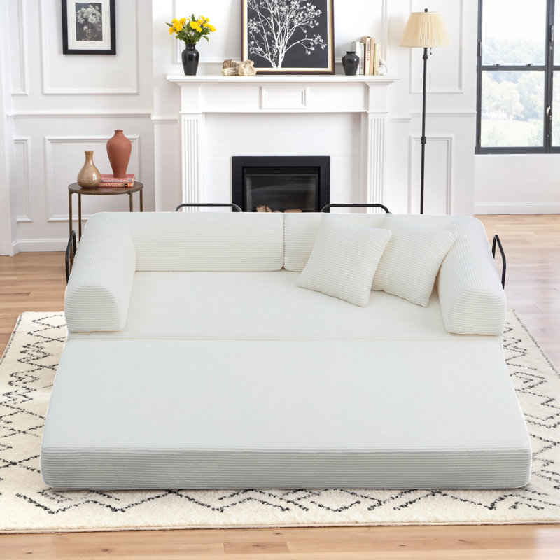 Boneless 80.7" Corduroy Sleeper Sofa Modular Sofa Bed Compression Foam Couch Bed With 2 Pillows - No Assembly Required, Beige