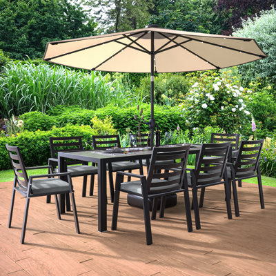 Letendre 9-Piece Outdoor Dining Set Rectangular Dining Table with Slats and 8 Arm Chairs in Aluminum
