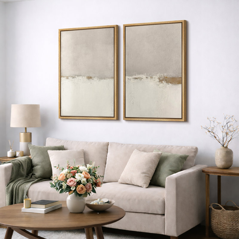 Minimal Landscape "Beige Tan Grunge Abstract Modern Artwork, Simple Minimalist Neutral Wall Pictures, Framed Canvas Giclee Print 2 Pieces Wall Art"