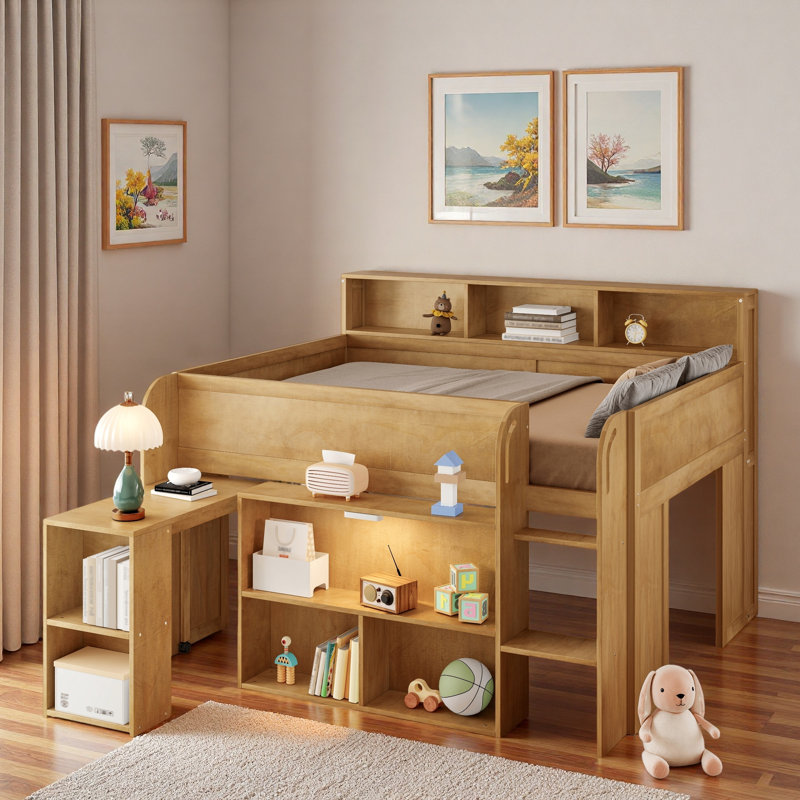Loft Bed With Multiple Storage Shelves, Desk And Led, Walnut
