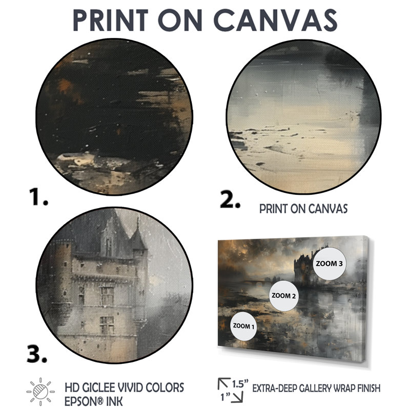 Impression sur toile grise noire et rustique au bord du lac I - Châteaux, Toile avec cadre flottant noir