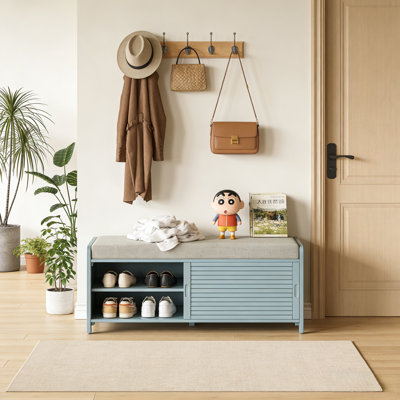 Shoe Bench With Storage And Cushion, Distressed Shutter Storage Bench With Retro Charm For Living Room, Entryway (Grey)