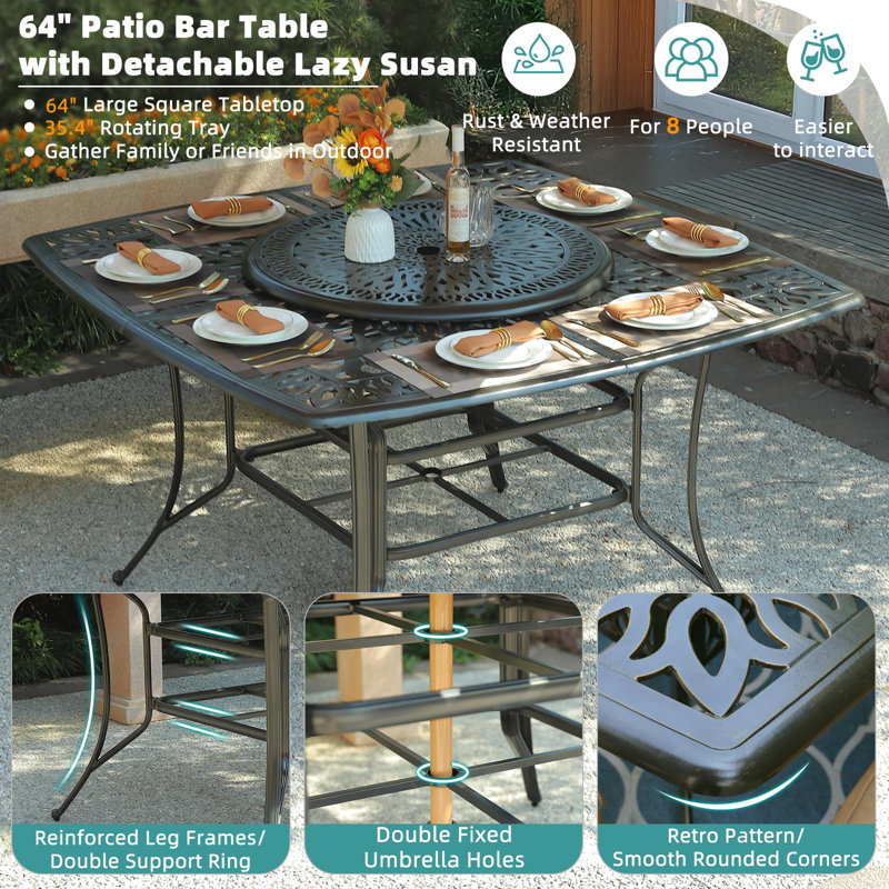  10-piece Outdoor Bar Set, All Weather Cast Aluminum Patio Bar Furniture With 8 Cushioned Swivel Bar Stools, Large 64" Square Patio Bar Height Table With Detachable Lazy Susan, 2" Umbrella Hole