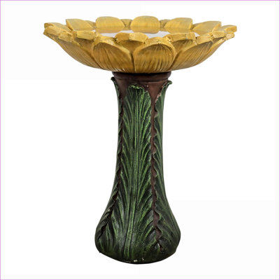 Bird Baths | 24.4" Tall Outdoor Weather Resistant Sunflower Design for Garden Patio Lawn | Mustard Yellow; Forest Green | Fiber-Reinforced Concrete Cement