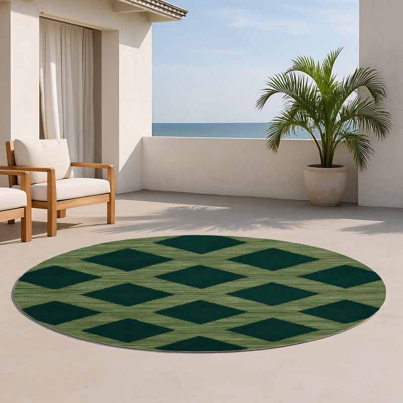 Tapis d'intérieur et d'extérieur à carreaux vert, Rond 5 pi