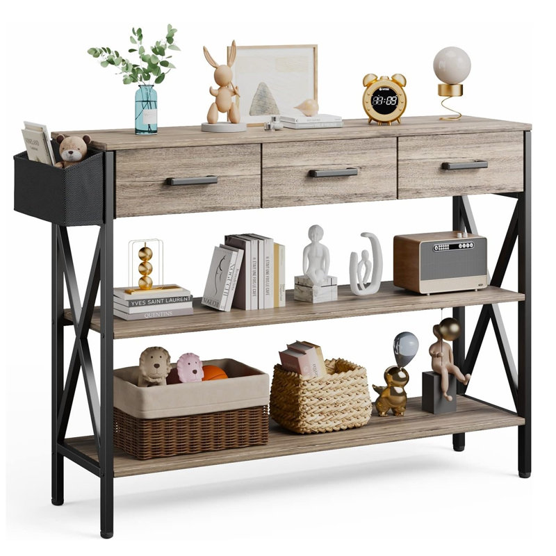 47" Modern Console Table with MDF Board, Metal Legs, 3 Drawers & 3-Tier Storage Shelves, Gray