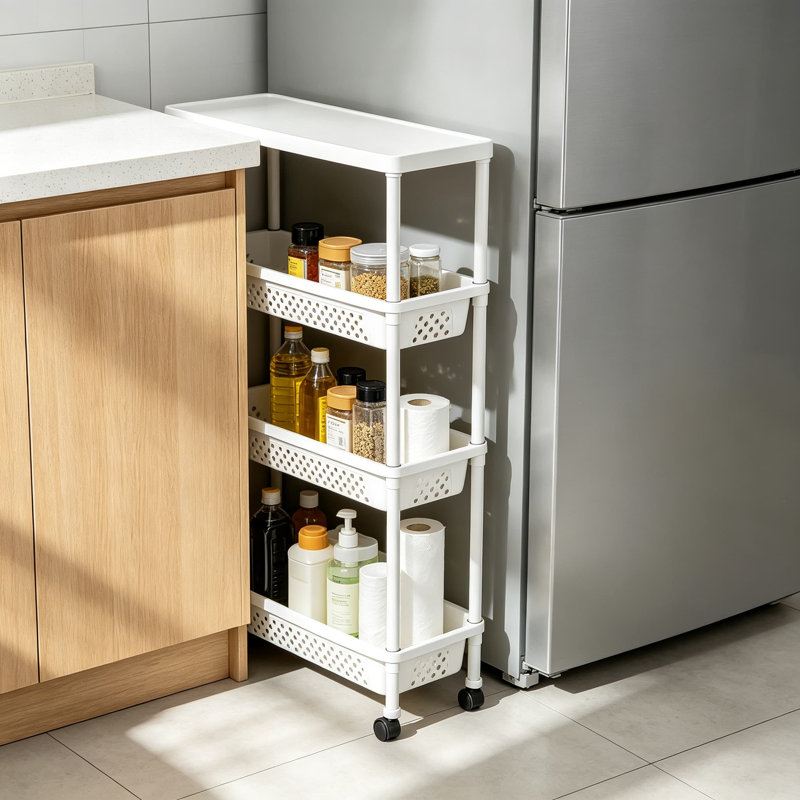 Chariot de rangement à roulettes étroit à 4 niveaux, organisateur de salle de bain pour les espaces réduits, hauteur optimisée, étagères ventilées à séchage rapide, montage facile par simple emboîtement, étagère utilitaire polyvalente pour la cuisine, la buanderie, le bureau et la chambre d'enfant, blanc