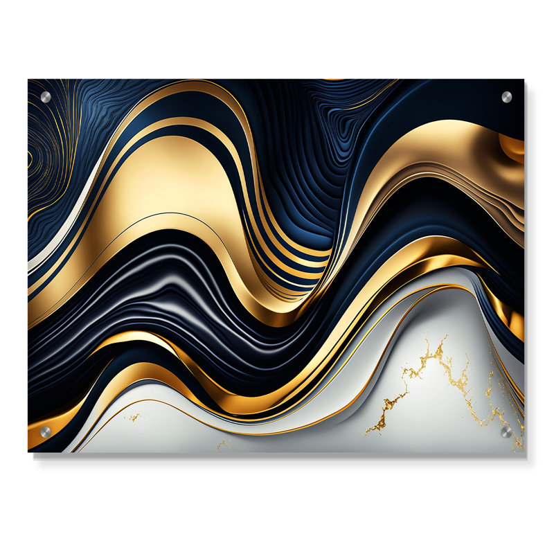 Abstract Geode Waves Blue And Gold IV - Abstract Acrylic Wall Art For Living Room, 12" H x 20" W