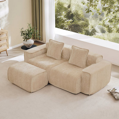 Canapé modulaire modulaire en L à 2 places avec passepoil à bordure française, aucun assemblage requis, canapé à 2 places avec coussins décoratifs et 1 repose-pieds mobile
