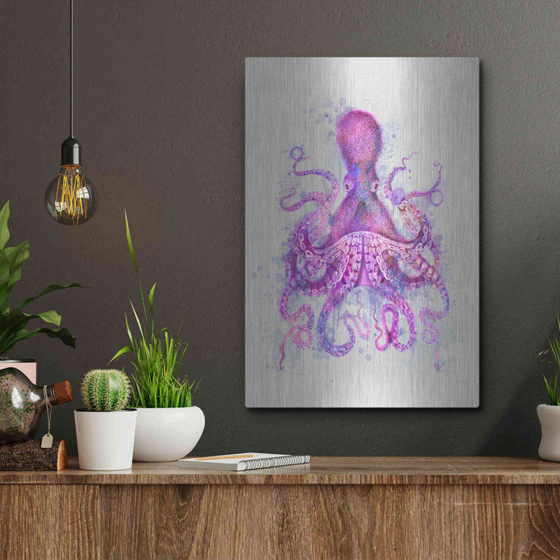 Art mural en métal Breakwater Bay «Octopus Rainbow Splash Pink» par Fab Funky, H 16 po x l 12 po