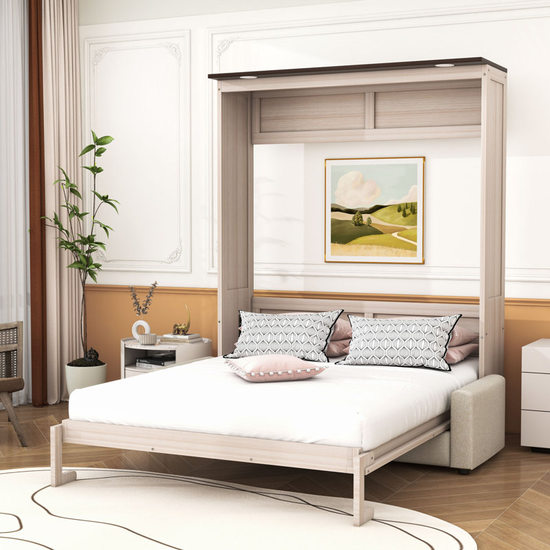 Grand lit escamotable en bois avec canapé rembourré et lumières DEL