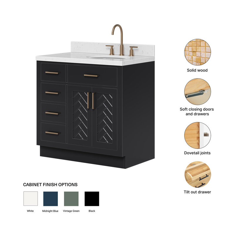 Ensemble de meuble-lavabo simple ovale 36 po à chevrons avec comptoir en quartz blanc Carrara blanc 1,5 po Chevron, Ovale