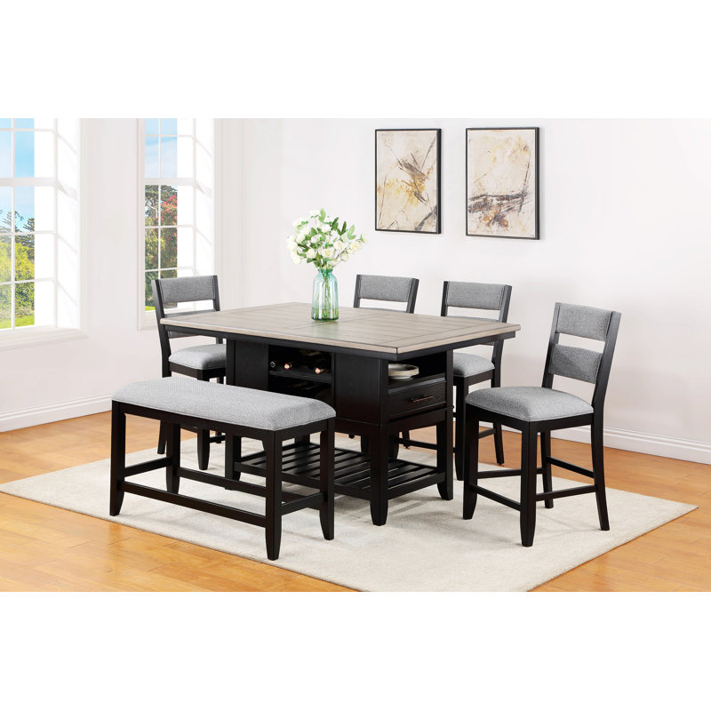 Dining Table Set, Rectangular Table with Wine Bottle Storage, Chairs and 1 Bench, Antique Dark Gray/Black