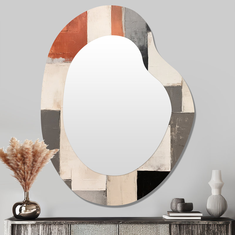Earthy Abstraction Cubist Modernism Beige Brown - Abstract Painting Irregular Shape Decorative Mirror, Modern Asymmetrical Wall Mirror, Printed Metal Art