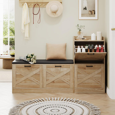 4 Turn Over Drawer Shoe Storage Bench with Padded Seat Cushion, Slim Wooden Shoe Cabinet Organizer for Entryway, Hallway