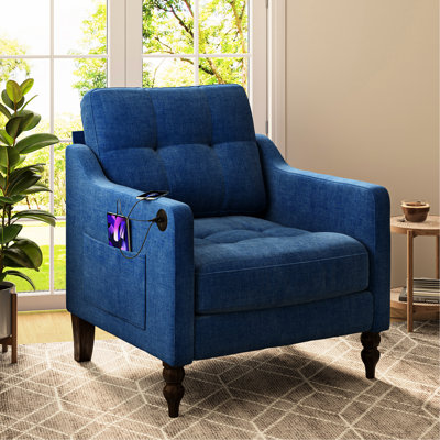 Fauteuil individuel avec rembourrage multicouche, pieds en bois de style rétro, confortable et ergonomique, recouvert de tissu chenille haute densité, doté d'une poche de rangement.
