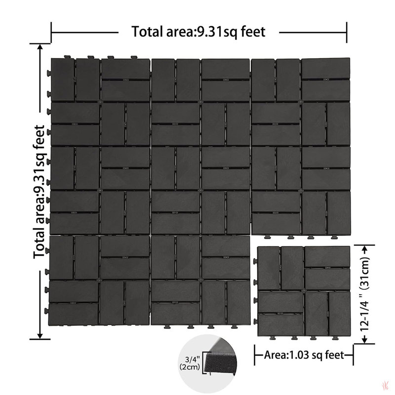 Carreaux de terrasse à emboîtement de patio, tuiles de terrasse carrées composites de 12 po x 12 po, carrelage de sol extérieur en plastique à quatre lattes pour cour arrière de porche de balcon (paquet de 36)