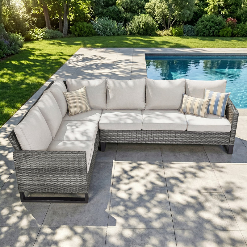 Chaquille 105'' Wide L-Shaped Wicker Patio Sectional with Cushions, Gray, Beige