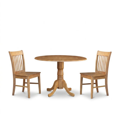 Ensemble de table de cuisine ronde en chêne massif Warm Oak avec 2 chaises et rallonges rabattables